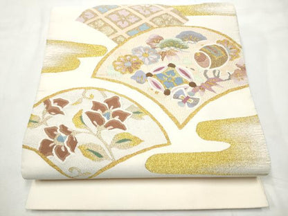 平和屋着物●爪掻き本綴れ　八寸名古屋帯　更紗扇面花文　金銀糸　正絹　逸品　CABF8701hy