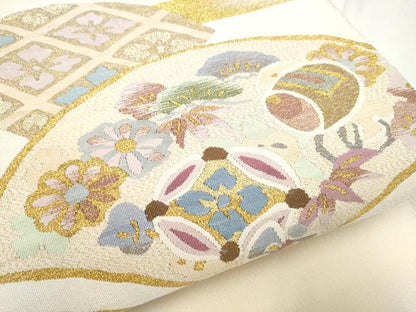 平和屋着物●爪掻き本綴れ　八寸名古屋帯　更紗扇面花文　金銀糸　正絹　逸品　CABF8701hy