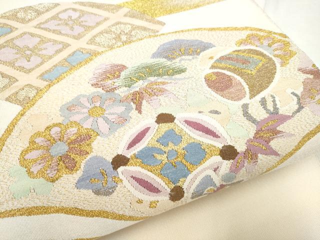 平和屋着物●爪掻き本綴れ　八寸名古屋帯　更紗扇面花文　金銀糸　正絹　逸品　CABF8701hy