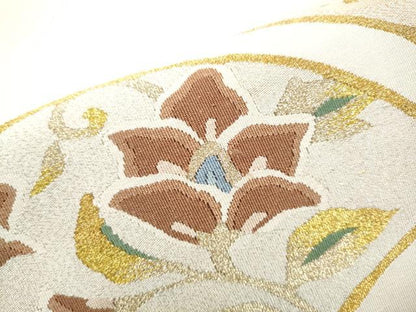 平和屋着物●爪掻き本綴れ　八寸名古屋帯　更紗扇面花文　金銀糸　正絹　逸品　CABF8701hy