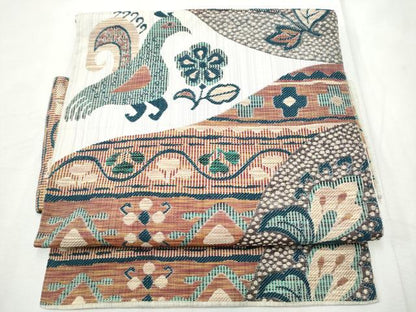 平和屋着物●つけ帯　紬地　孔雀花文　正絹　逸品　CABF8710hy