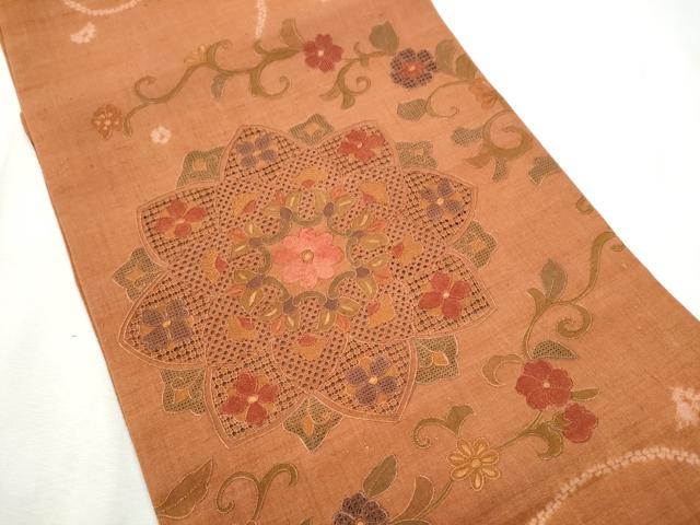 平和屋着物●中国三大刺繍　スワトウ相良刺繍　六通柄袋帯　紬地　絞り　花唐草文　正絹　逸品　CABF8720hy