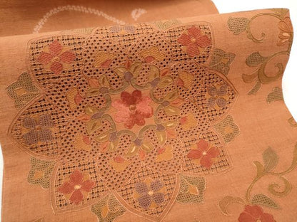 平和屋着物●中国三大刺繍　スワトウ相良刺繍　六通柄袋帯　紬地　絞り　花唐草文　正絹　逸品　CABF8720hy