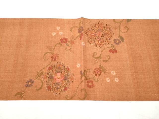 平和屋着物●中国三大刺繍　スワトウ相良刺繍　六通柄袋帯　紬地　絞り　花唐草文　正絹　逸品　CABF8720hy