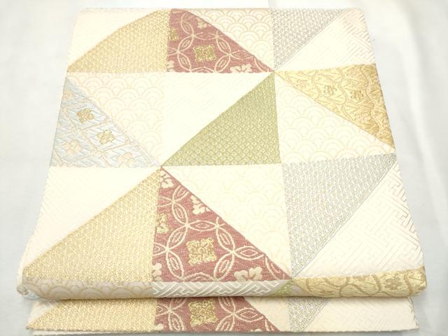 平和屋着物●六通柄袋帯　唐織　変わり市松吉祥花文　金糸　正絹　逸品　CABF8722hy
