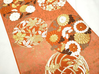 平和屋着物●西陣　河合美術織物謹製　六通柄袋帯　唐織　草花丸文　金糸　引箔　正絹　逸品　CABF8724hy
