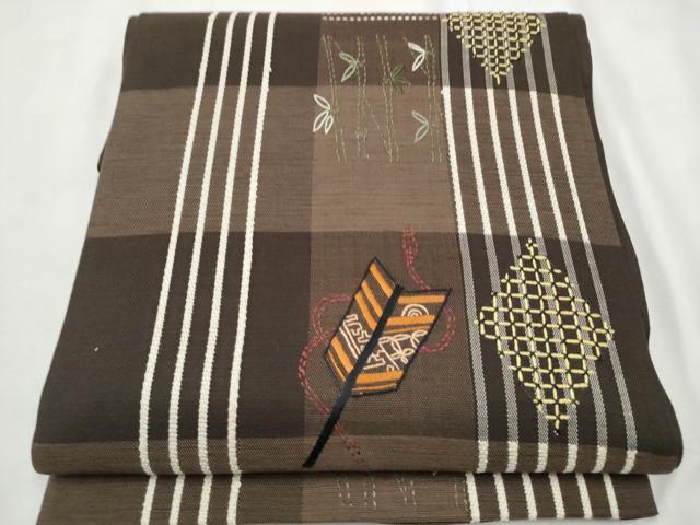 平和屋着物●六通柄袋帯　紬地　刺し子　矢羽市松笹竹文　正絹　逸品　CABF8725hy