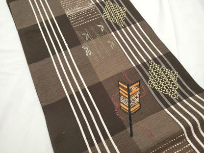 平和屋着物●六通柄袋帯　紬地　刺し子　矢羽市松笹竹文　正絹　逸品　CABF8725hy