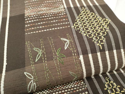 平和屋着物●六通柄袋帯　紬地　刺し子　矢羽市松笹竹文　正絹　逸品　CABF8725hy