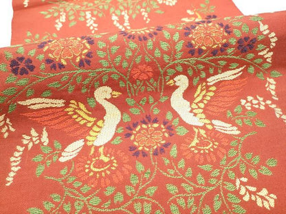 平和屋着物●六通柄　本袋帯　向かい鳥花文　正絹　逸品　未使用　CABF8734hy