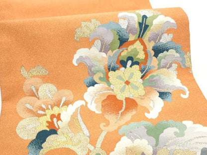 平和屋着物●爪掻き本綴れ　太鼓柄袋帯　更紗花文　金銀糸　正絹　逸品　CABF8735hy