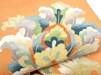 平和屋着物●爪掻き本綴れ　太鼓柄袋帯　更紗花文　金銀糸　正絹　逸品　CABF8735hy