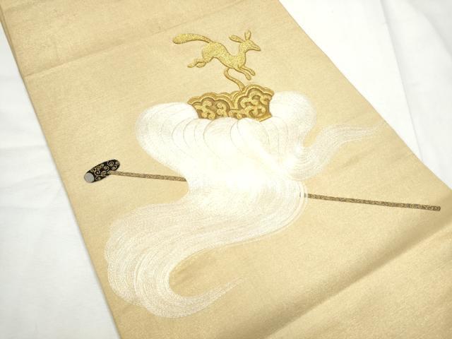 平和屋着物●太鼓柄袋帯　総刺繍　動物器物文　金糸　正絹　逸品　CABF8739hy