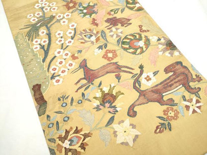 平和屋着物●太鼓柄袋帯　すくい織　更紗動物花文　金銀糸　正絹　逸品　CABF8742hy