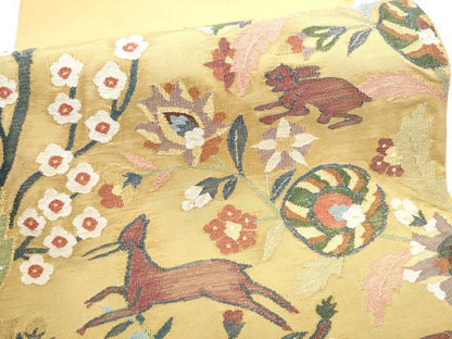 平和屋着物●太鼓柄袋帯　すくい織　更紗動物花文　金銀糸　正絹　逸品　CABF8742hy