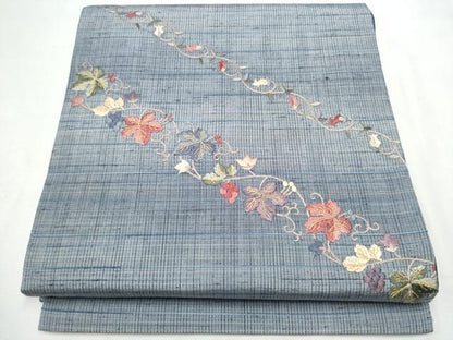 平和屋着物●両面　太鼓柄袋帯　紬地　総刺繍　葡萄蔦の葉文　金糸　正絹　逸品　CABF8744hy