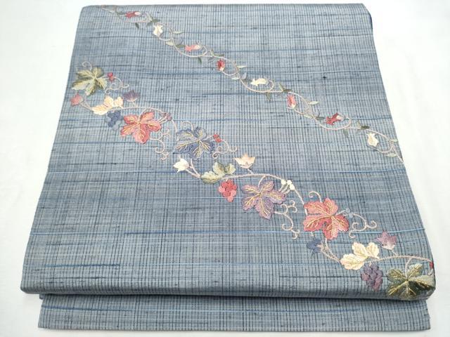 平和屋着物●両面　太鼓柄袋帯　紬地　総刺繍　葡萄蔦の葉文　金糸　正絹　逸品　CABF8744hy