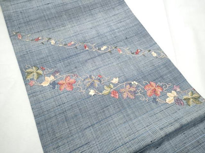 平和屋着物●両面　太鼓柄袋帯　紬地　総刺繍　葡萄蔦の葉文　金糸　正絹　逸品　CABF8744hy