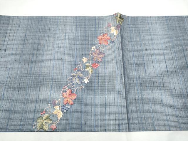 平和屋着物●両面　太鼓柄袋帯　紬地　総刺繍　葡萄蔦の葉文　金糸　正絹　逸品　CABF8744hy