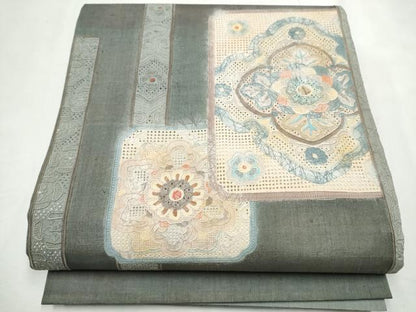 平和屋着物●中国三大刺繍　スワトウ相良刺繍　太鼓柄袋帯　紬地　色紙重ね花文　金彩　正絹　逸品　CABF8745hy