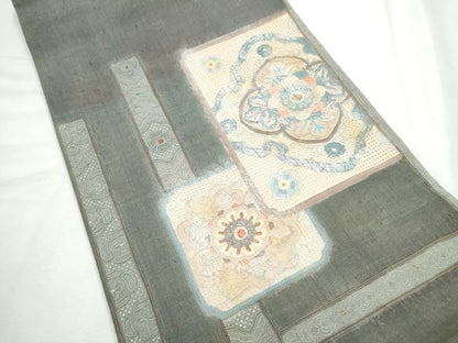 平和屋着物●中国三大刺繍　スワトウ相良刺繍　太鼓柄袋帯　紬地　色紙重ね花文　金彩　正絹　逸品　CABF8745hy