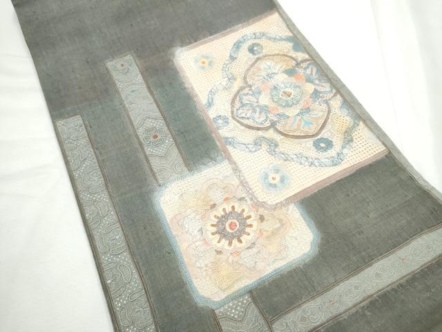 平和屋着物●中国三大刺繍　スワトウ相良刺繍　太鼓柄袋帯　紬地　色紙重ね花文　金彩　正絹　逸品　CABF8745hy