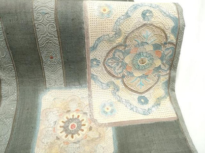 平和屋着物●中国三大刺繍　スワトウ相良刺繍　太鼓柄袋帯　紬地　色紙重ね花文　金彩　正絹　逸品　CABF8745hy