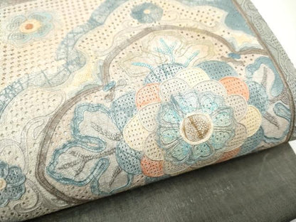 平和屋着物●中国三大刺繍　スワトウ相良刺繍　太鼓柄袋帯　紬地　色紙重ね花文　金彩　正絹　逸品　CABF8745hy