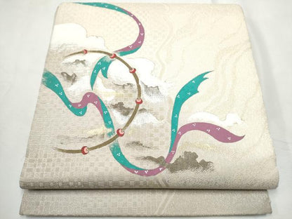 平和屋着物●太鼓柄袋帯　霞吉祥文　金糸　正絹　逸品　CABF8751hy