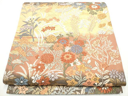 平和屋着物●六通柄袋帯　唐織　草花文　金糸　正絹　逸品　CABF8755hy
