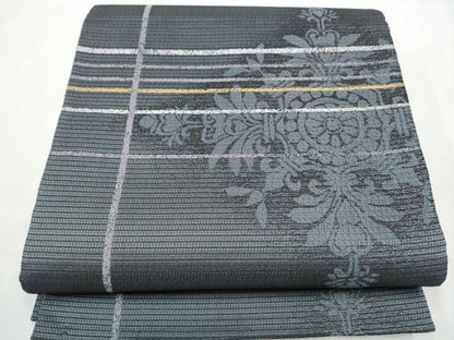 平和屋着物●六通柄袋帯　格子花文　金糸　正絹　逸品　CABF8758hy
