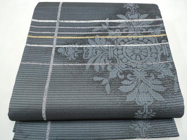 平和屋着物●六通柄袋帯　格子花文　金糸　正絹　逸品　CABF8758hy