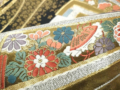 平和屋着物●全通柄袋帯　唐織　桧扇花文　黒地　金銀糸　正絹　逸品　CABF8762hy