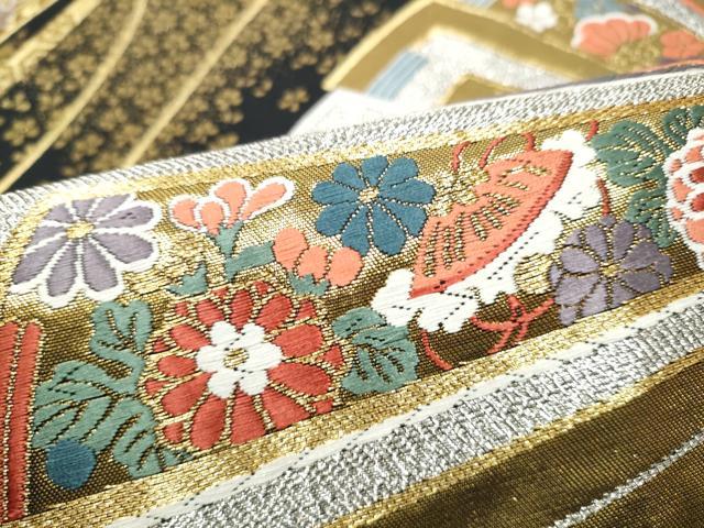 平和屋着物●全通柄袋帯　唐織　桧扇花文　黒地　金銀糸　正絹　逸品　CABF8762hy