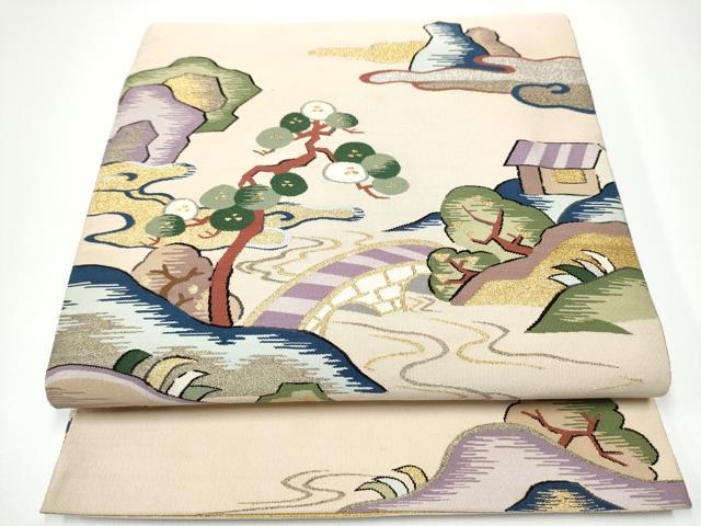 平和屋着物●爪掻き本綴れ　太鼓柄袋帯　流水風景文　金糸　正絹　逸品　CABF8765hy