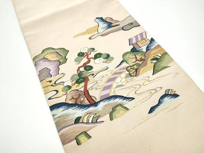 平和屋着物●爪掻き本綴れ　太鼓柄袋帯　流水風景文　金糸　正絹　逸品　CABF8765hy