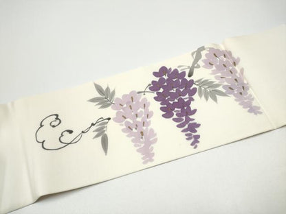平和屋着物●塩瀬　九寸名古屋帯　手描き　藤花房　金糸　正絹　逸品　CABF8771hy