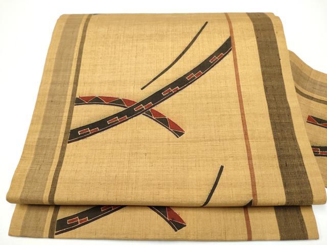 平和屋着物●九寸名古屋帯　紬地　型染め　幾何学文様　正絹　逸品　CABF8775hy