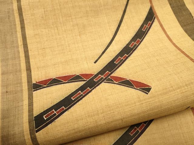平和屋着物●九寸名古屋帯　紬地　型染め　幾何学文様　正絹　逸品　CABF8775hy