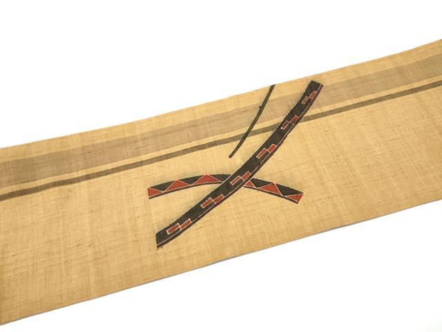 平和屋着物●九寸名古屋帯　紬地　型染め　幾何学文様　正絹　逸品　CABF8775hy