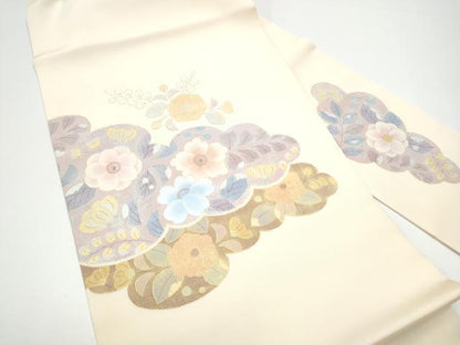 平和屋着物●塩瀬　九寸名古屋帯　雲重ね花文　金彩　正絹　逸品　CABF8777hy