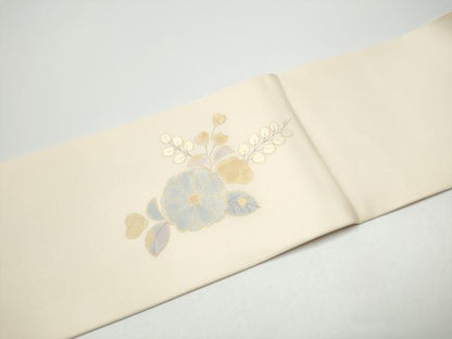 平和屋着物●塩瀬　九寸名古屋帯　雲重ね花文　金彩　正絹　逸品　CABF8777hy