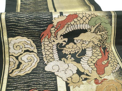 平和屋着物●九寸名古屋帯　龍　黒地　金銀糸　正絹　逸品　CABF8779hy