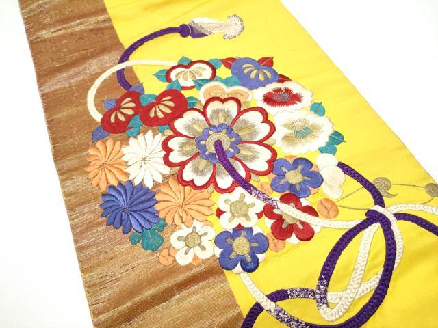 平和屋着物●アンティーク　大正ロマン　九寸名古屋帯　総手刺繍　鏡裏花文　金銀糸　正絹　逸品　CABF8781hy
