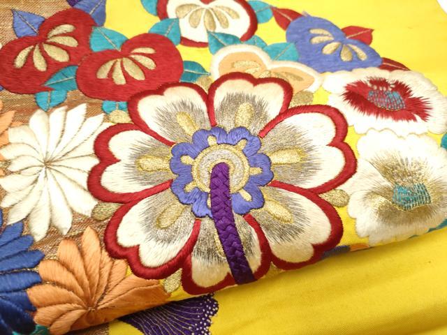 平和屋着物●アンティーク　大正ロマン　九寸名古屋帯　総手刺繍　鏡裏花文　金銀糸　正絹　逸品　CABF8781hy