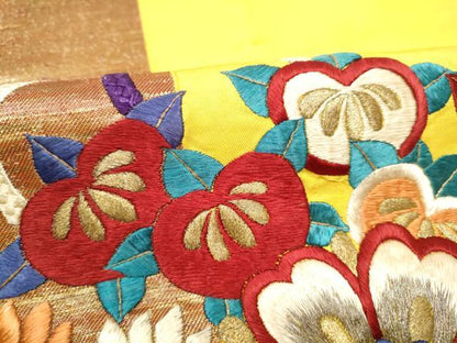 平和屋着物●アンティーク　大正ロマン　九寸名古屋帯　総手刺繍　鏡裏花文　金銀糸　正絹　逸品　CABF8781hy