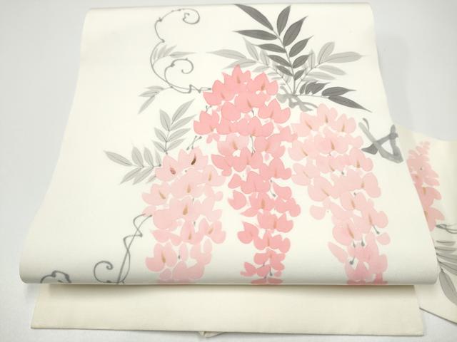 平和屋着物●塩瀬　九寸名古屋帯　手描き　藤花房　正絹　逸品　CABF8782hy