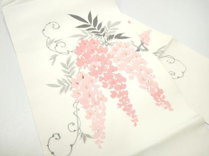 平和屋着物●塩瀬　九寸名古屋帯　手描き　藤花房　正絹　逸品　CABF8782hy