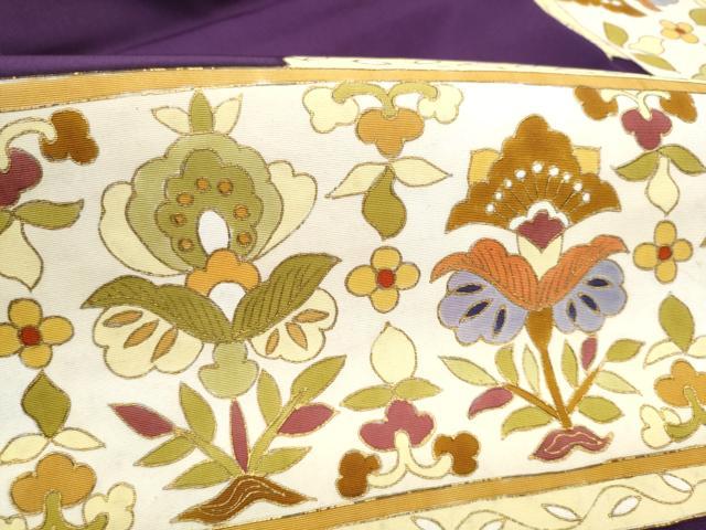 平和屋着物●塩瀬　九寸名古屋帯　型染め　更紗花文　金彩　正絹　逸品　CABF8791hy