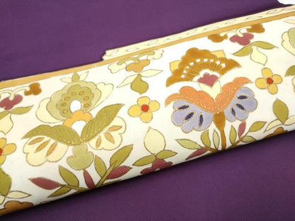 平和屋着物●塩瀬　九寸名古屋帯　型染め　更紗花文　金彩　正絹　逸品　CABF8791hy